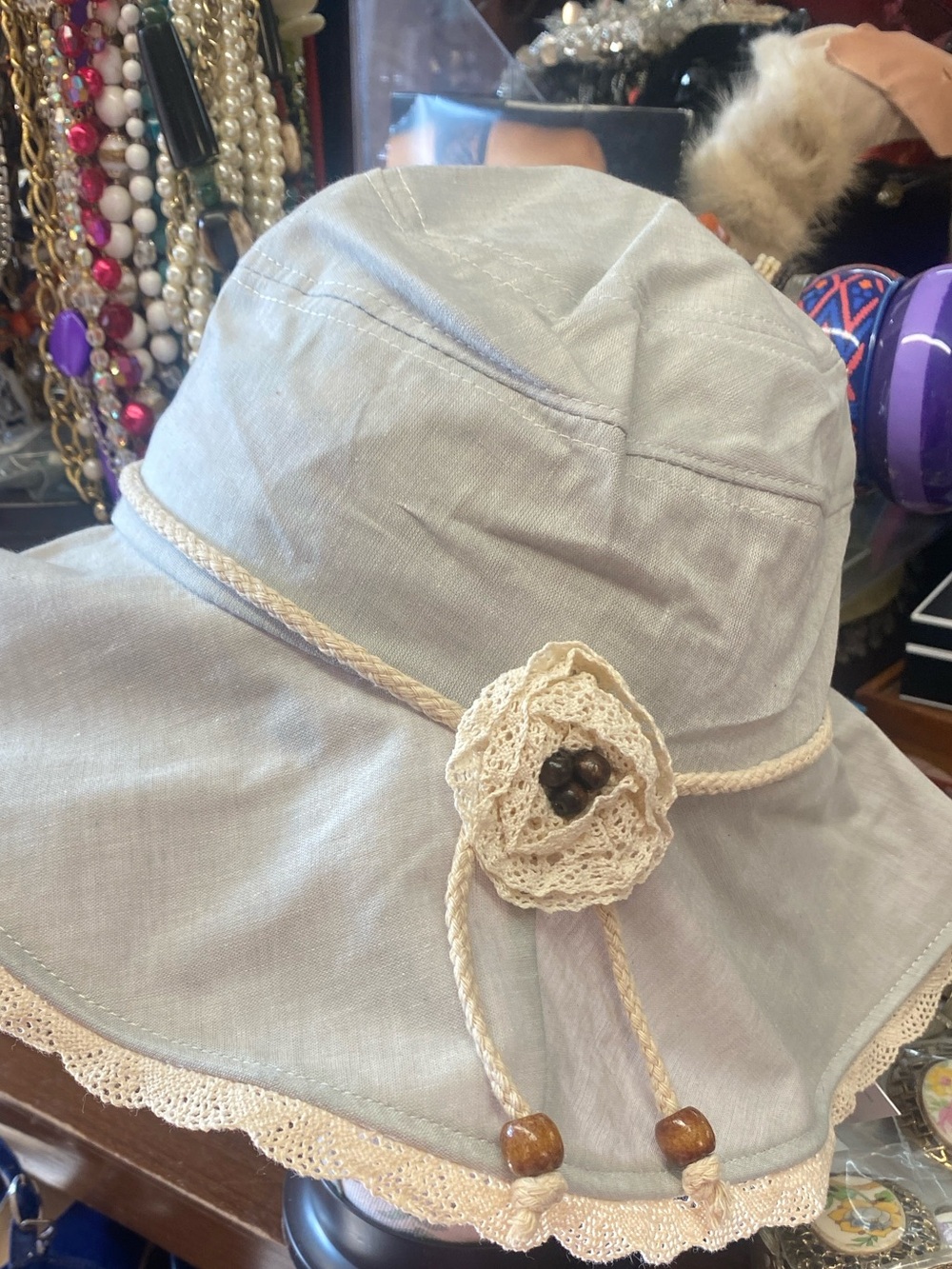 Women's Light Blue/Green & Cream Crochet-Trim Sun Hat with Flower Accent